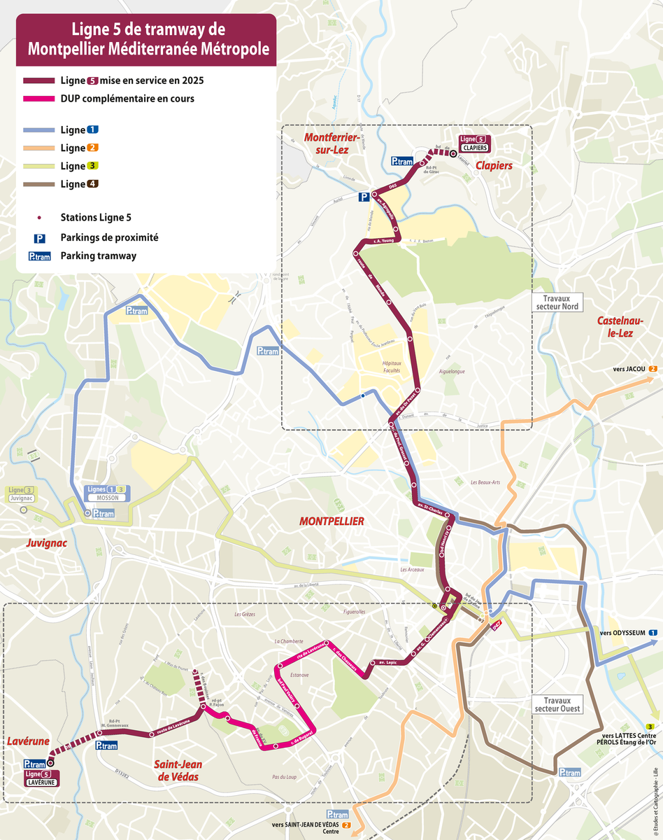 Plan de la ligne 5 de tramway de la Métropole de Montpellier